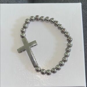 Silver Beaded Cross Stretch Bracelet
